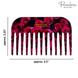 Hair comb with pink rose design and 'Parcelona' branding, shown with dimensions.