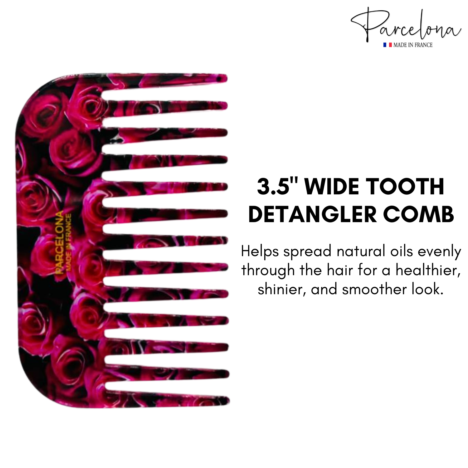 Detangler comb with pink rose design on a white background, featuring the Parcelona brand.