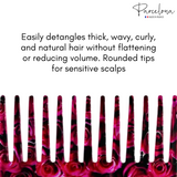 Pink and black comb with text about hair care on a white background