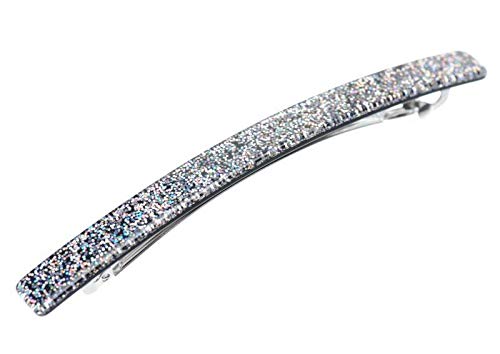 French Amie Glittery Long Skinny Silver Large Handmade Celluloid Hair Barrette