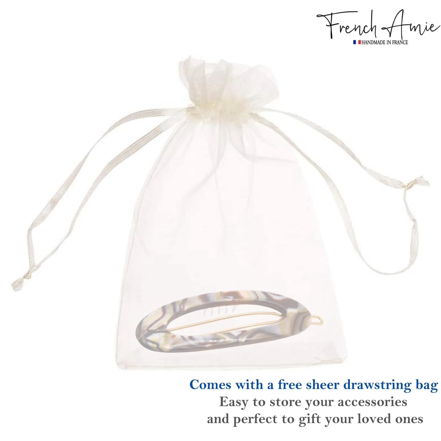 French Amie Thin Oval Small Onyx Cellulose Handmade Hair Barrette Clip for Women