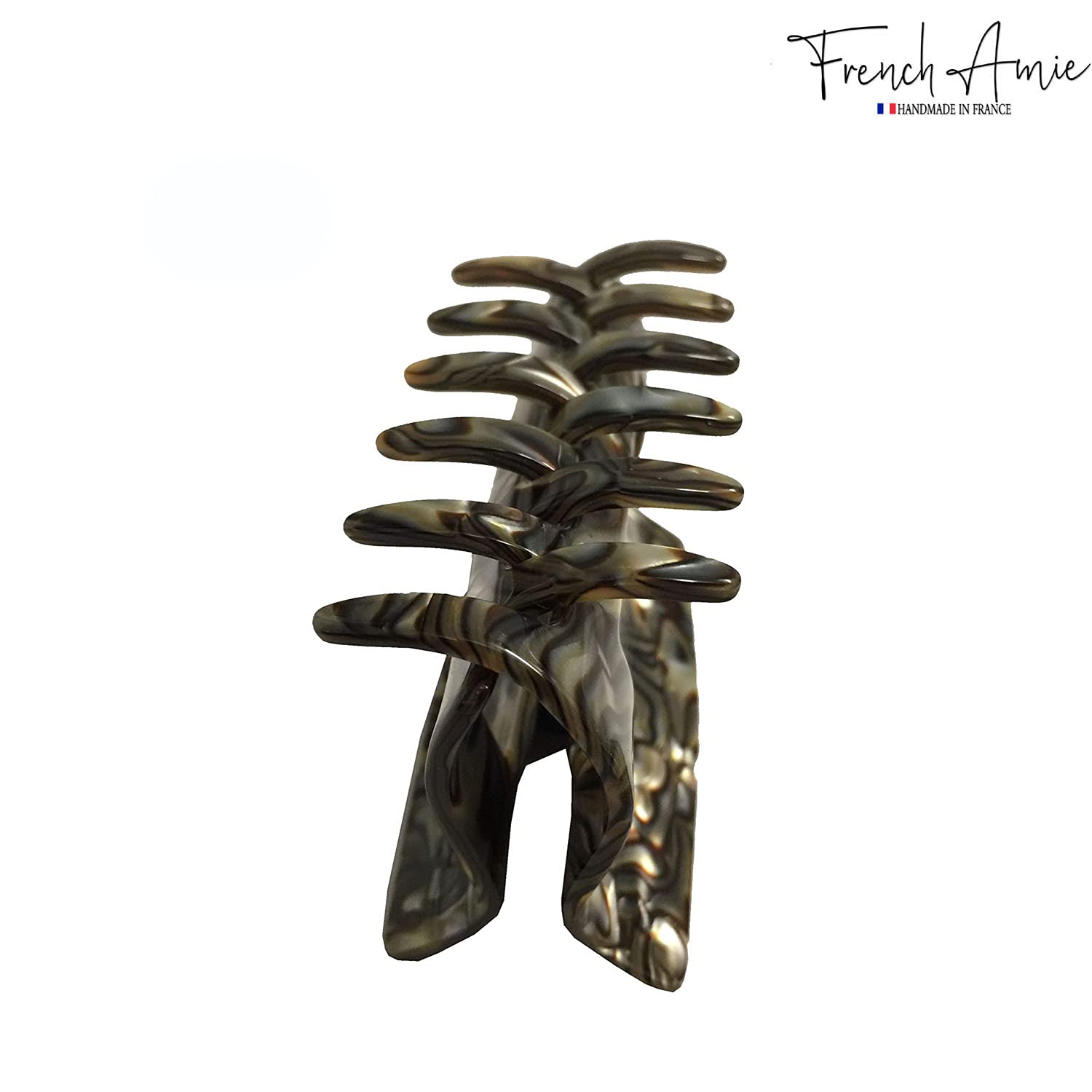 French Amie Geo Medium Onyx Silver Grey Handmade Cellulose Hair Claw Clip Clamp
