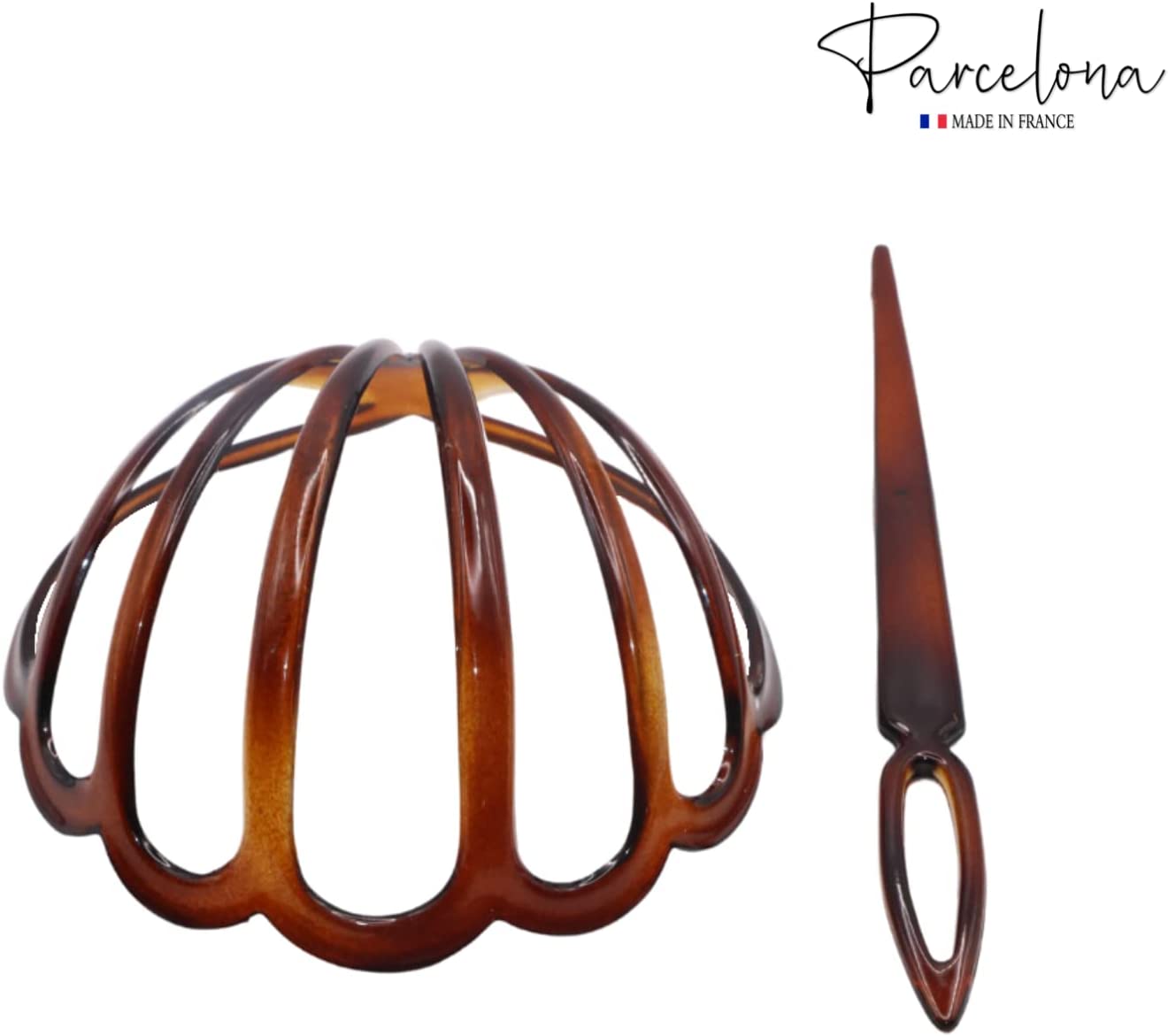 Parcelona French Coquille Shell Celluloid Hair Slider Bun Cover With Stick