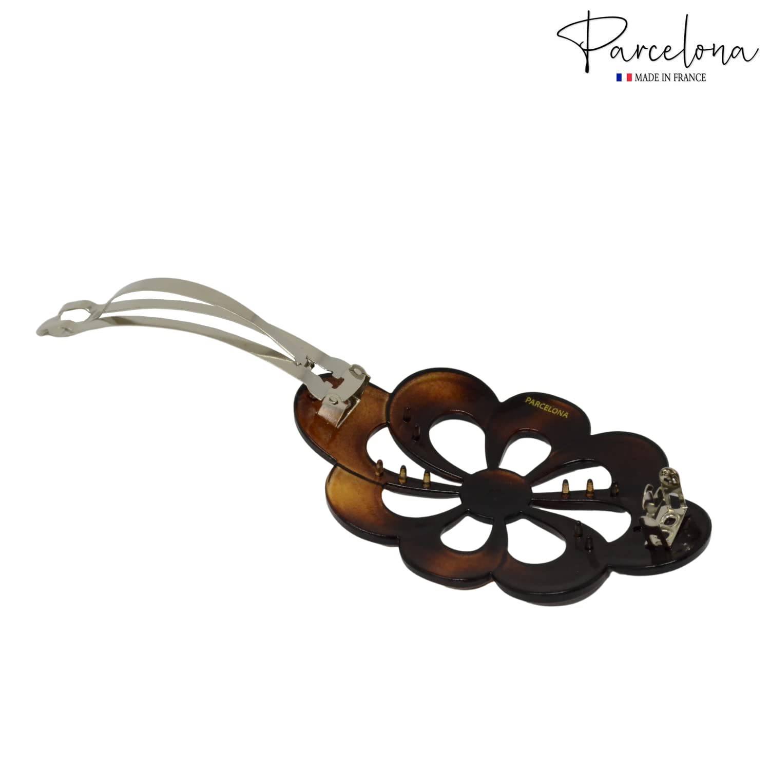 Parcelona French Large Wide Flower Shell Brown Cellulose Hair Clip Barrette