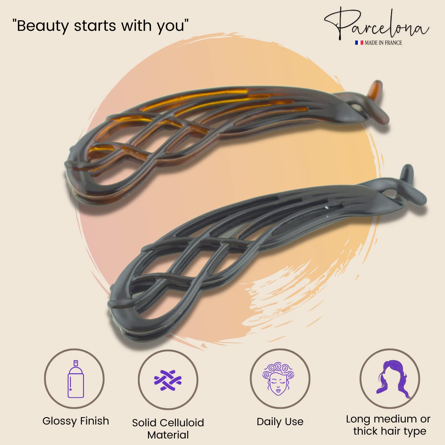 Parcelona French Curved Large 4" Cellulose Banana Hair Clip for Women