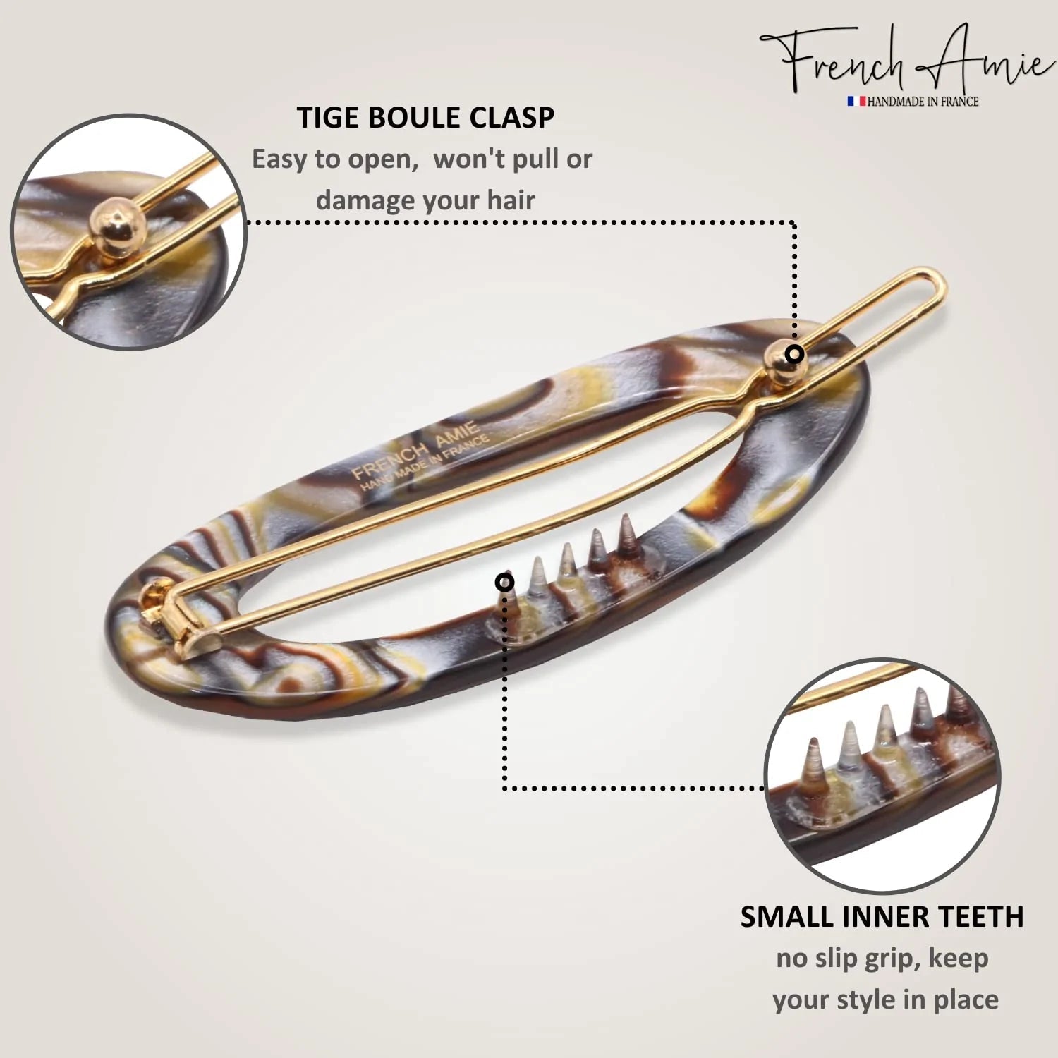 French Amie Thin Oval Small Onyx Cellulose Handmade Hair Barrette Clip for Women