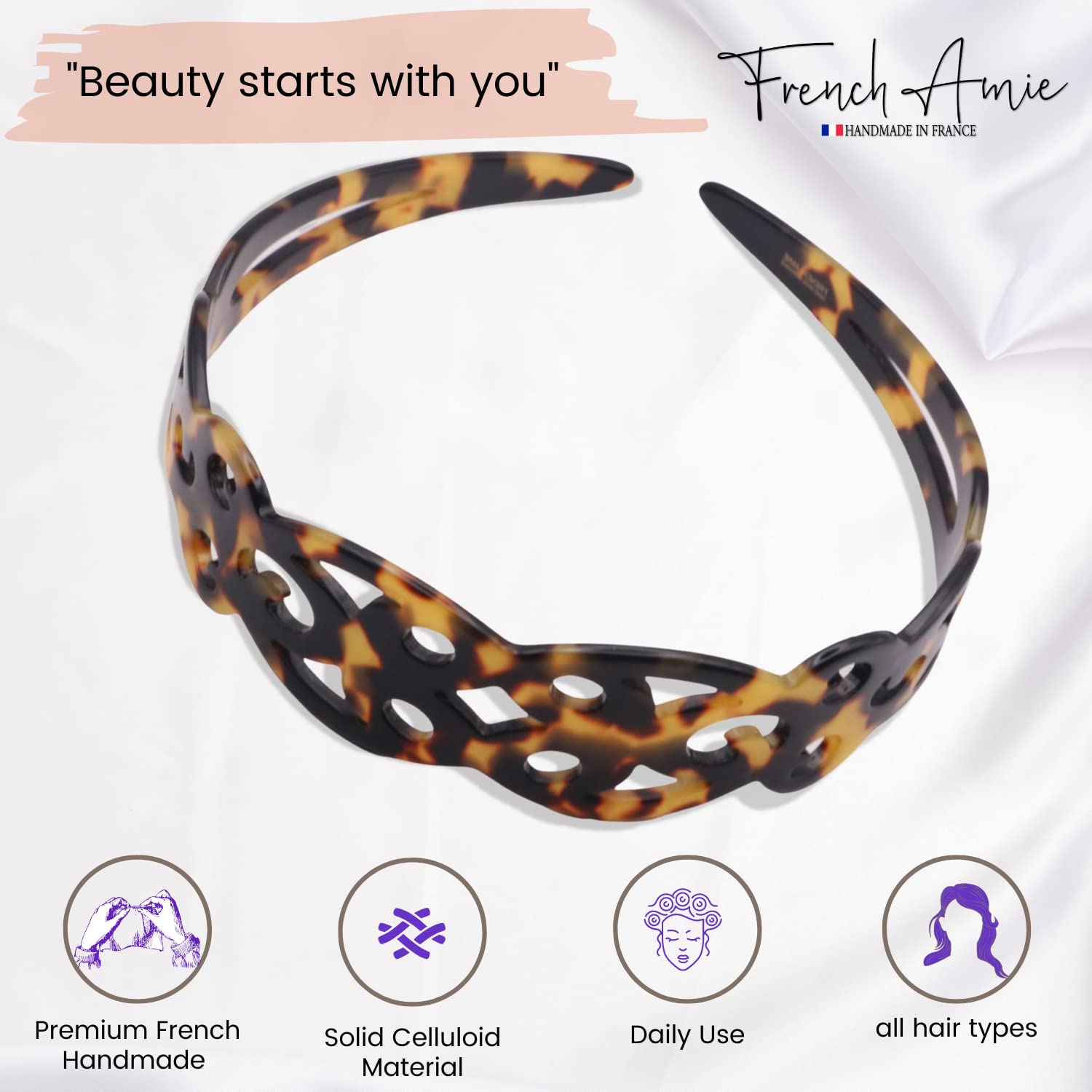 French Amie Filigree Wide 1" Celluloid Handmade Headband for Women