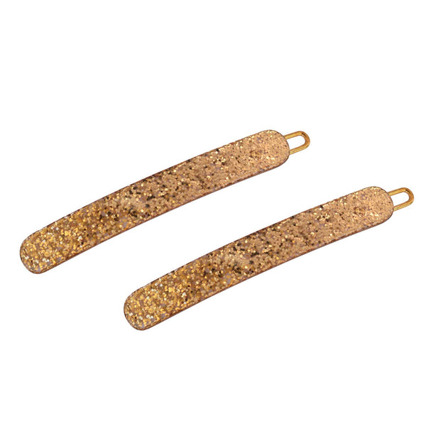 French Amie Rounded Oblong Golden Glitter Celluloid Side Hair Clip Barrette 2Pcs