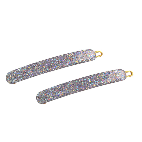 French Amie Rounded Oblong Silver Glitter Celluloid Side Hair Clip Barrette 2Pcs