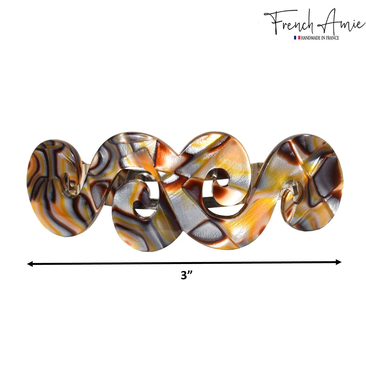 French Amie Swirls Onyx Cellulose Handmade Hair Clip Barrette with Silver Clasp
