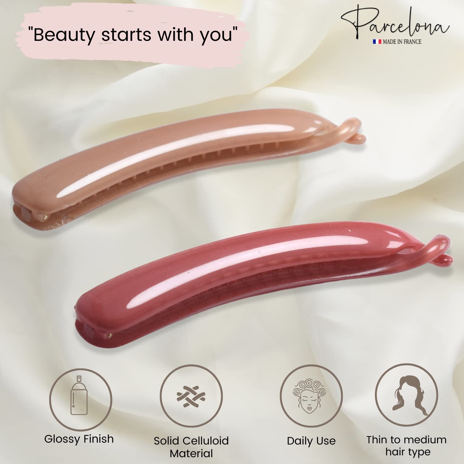 Parcelona French Small 3.75” Cellulose Set of 2 Banana Hair Clips for Women