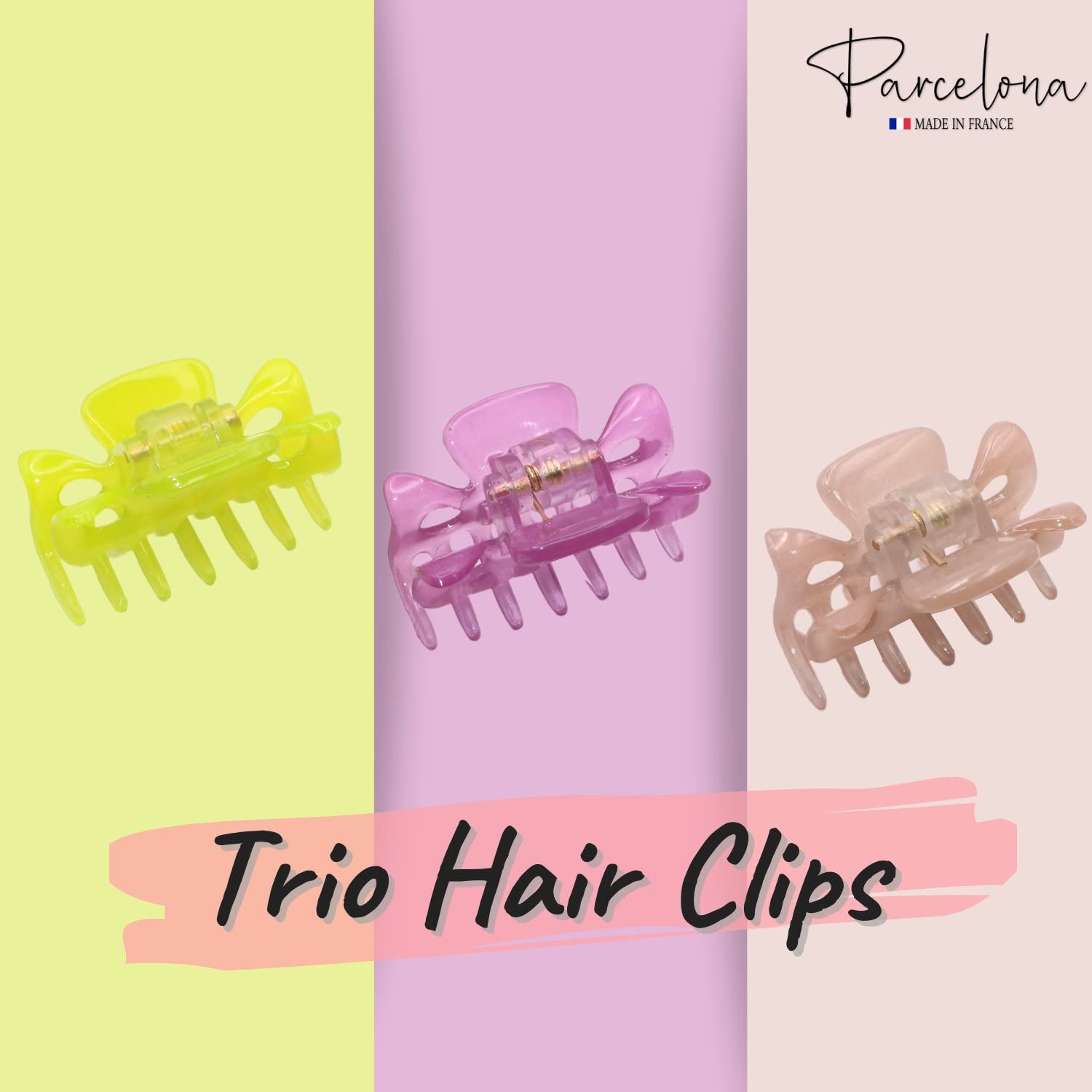 Parcelona French Classic 1.5" Small Celluloid Set of 3 Hair Claws for Women