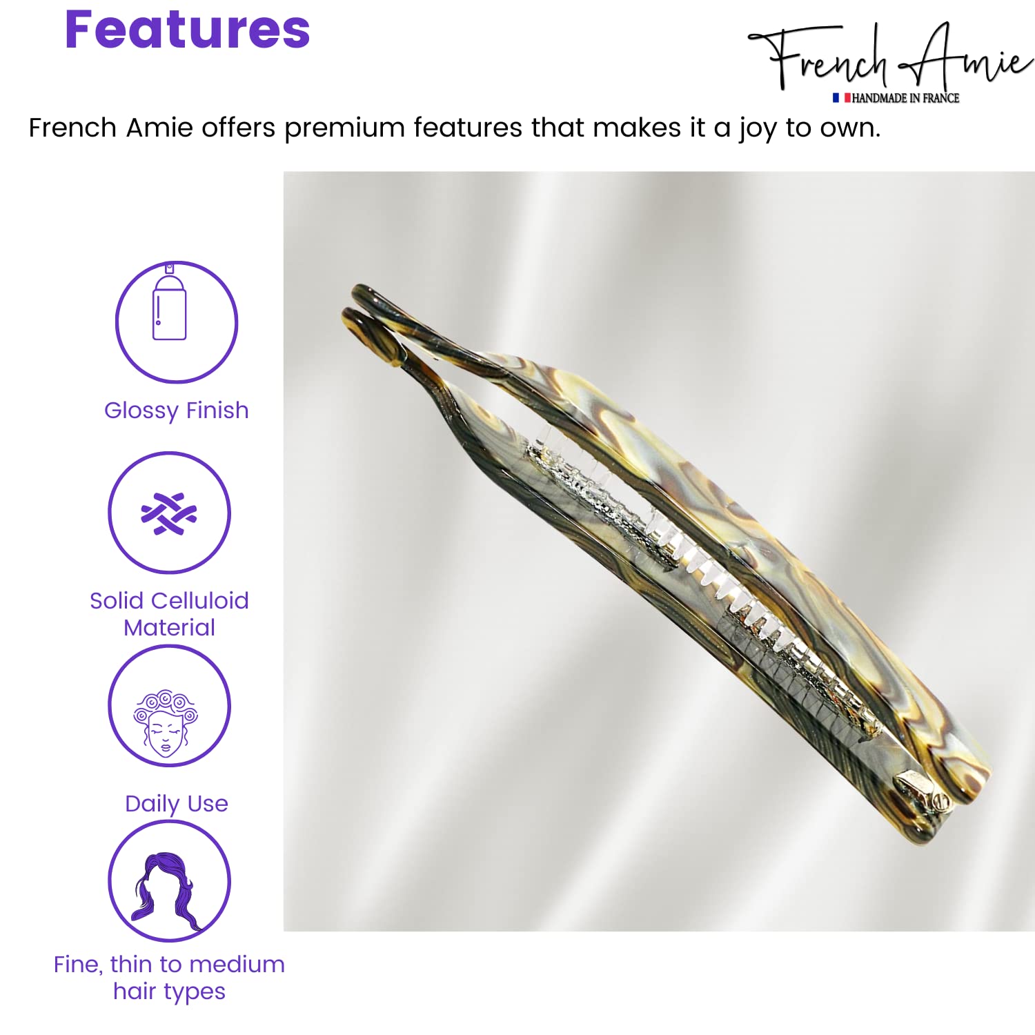 French Amie Elongated Curve 4" Cellulose Handmade Banana Hair Clip for Women
