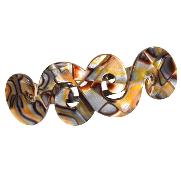 French Amie Swirls Onyx Celluloid Handmade Hair Clip Barrette with Silver Clasp