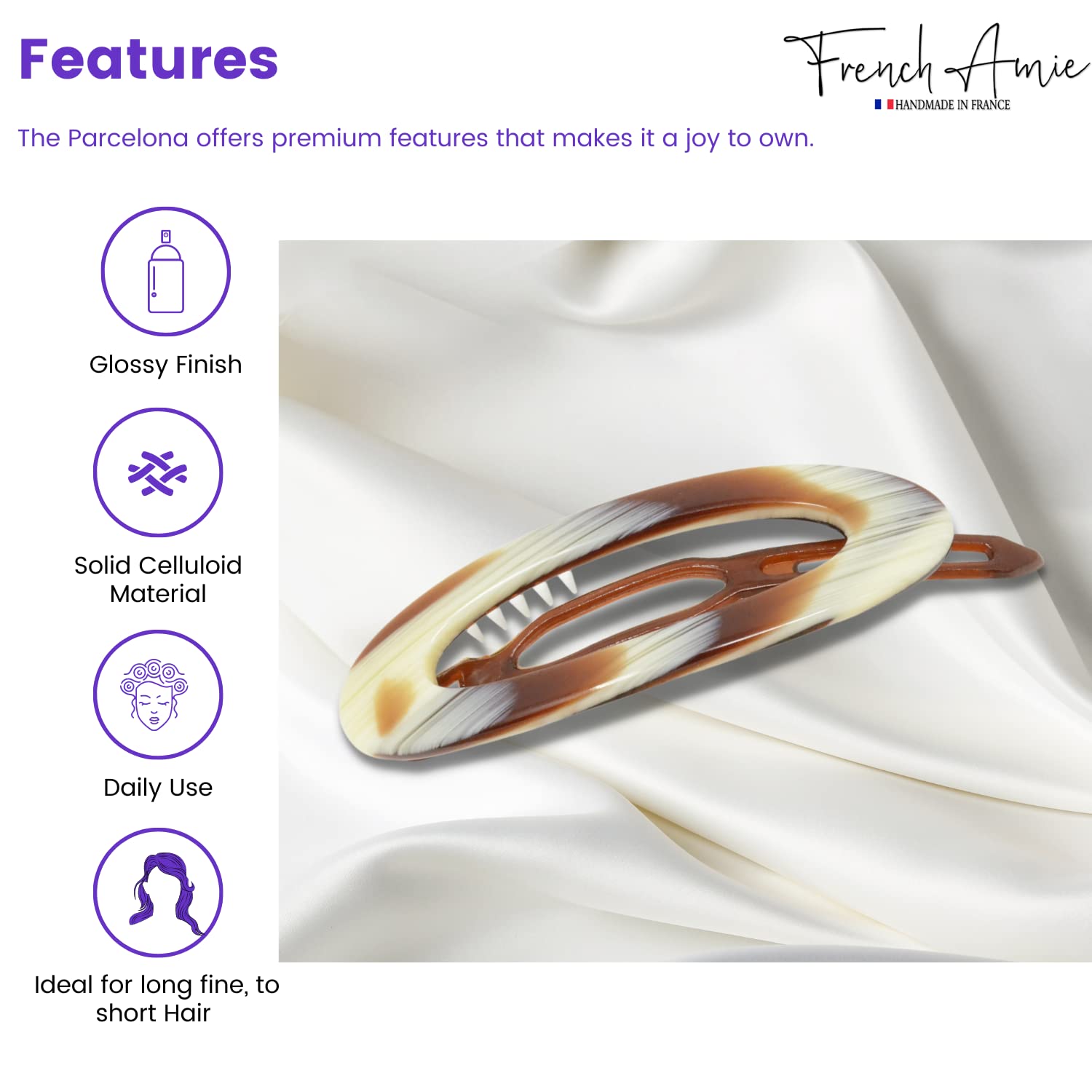 French Amie Oval Cut Out Small Handmade Cellulose Snap Hair Barrette for Women