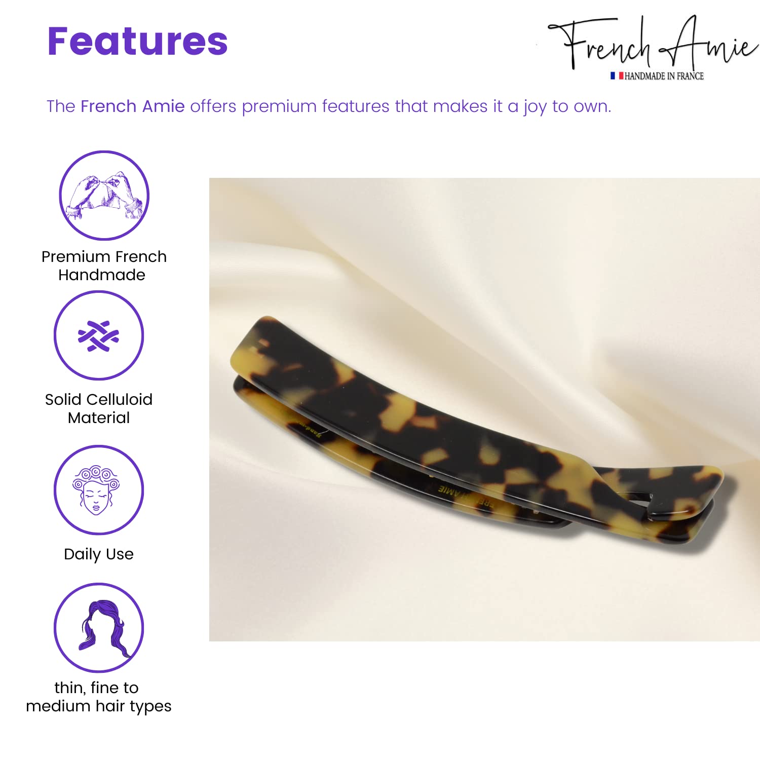 French Amie Elongated Curve 4" Cellulose Handmade Banana Hair Clip for Women