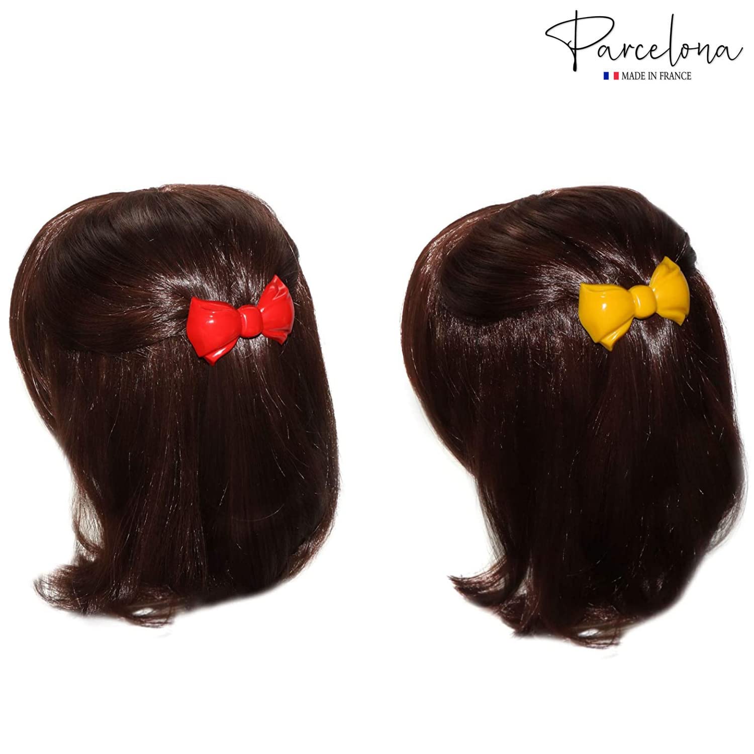 Parcelona French Angel Bow Red and Yellow Small 2” Cellulose Set of 2 Hair Clip