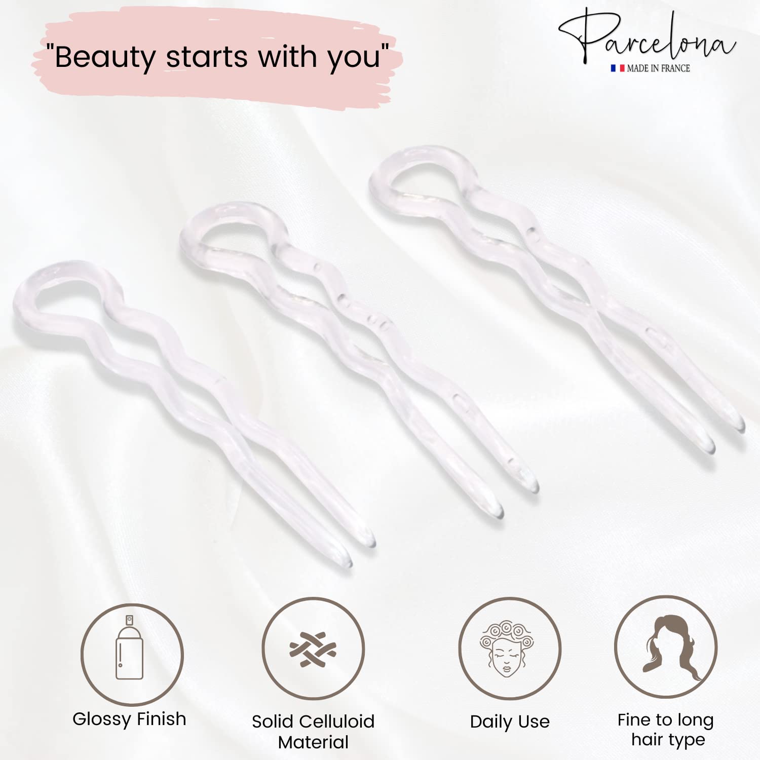 Parcelona French Slick Medium Celluloid Acetate Wavy U Shaped Hair Pin for Women