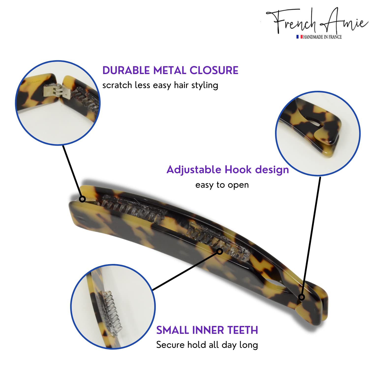 French Amie Elongated Curve 4" Cellulose Handmade Banana Hair Clip for Women