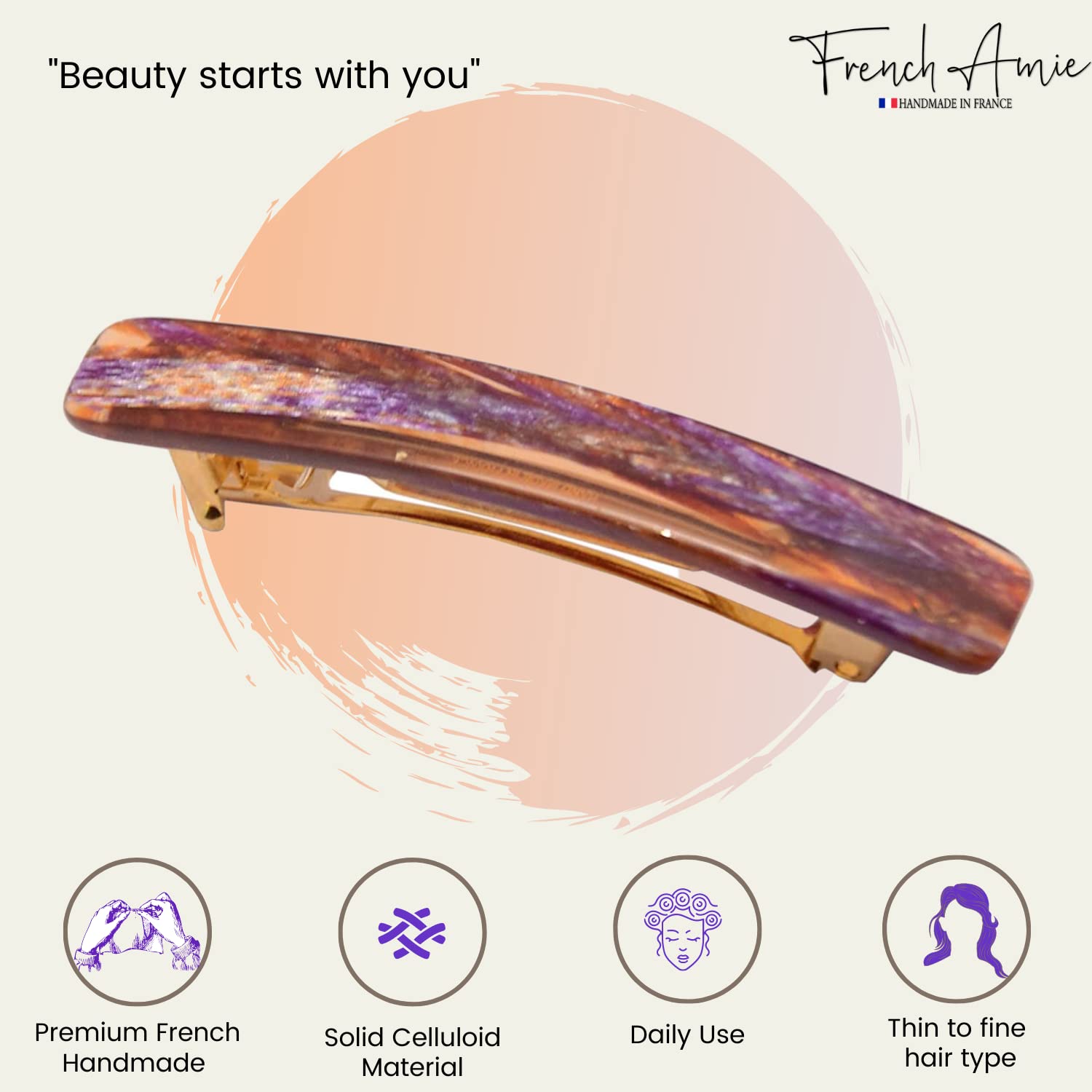 French Amie Small 2 1/4" Cellulose Handmade Hair Barrette for Women and Girls