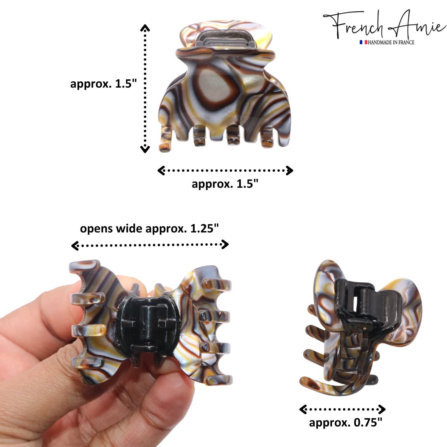 French Amie Mini Onyx Silver Grey Handmade Cellulose Jaw Hair Claw Clip