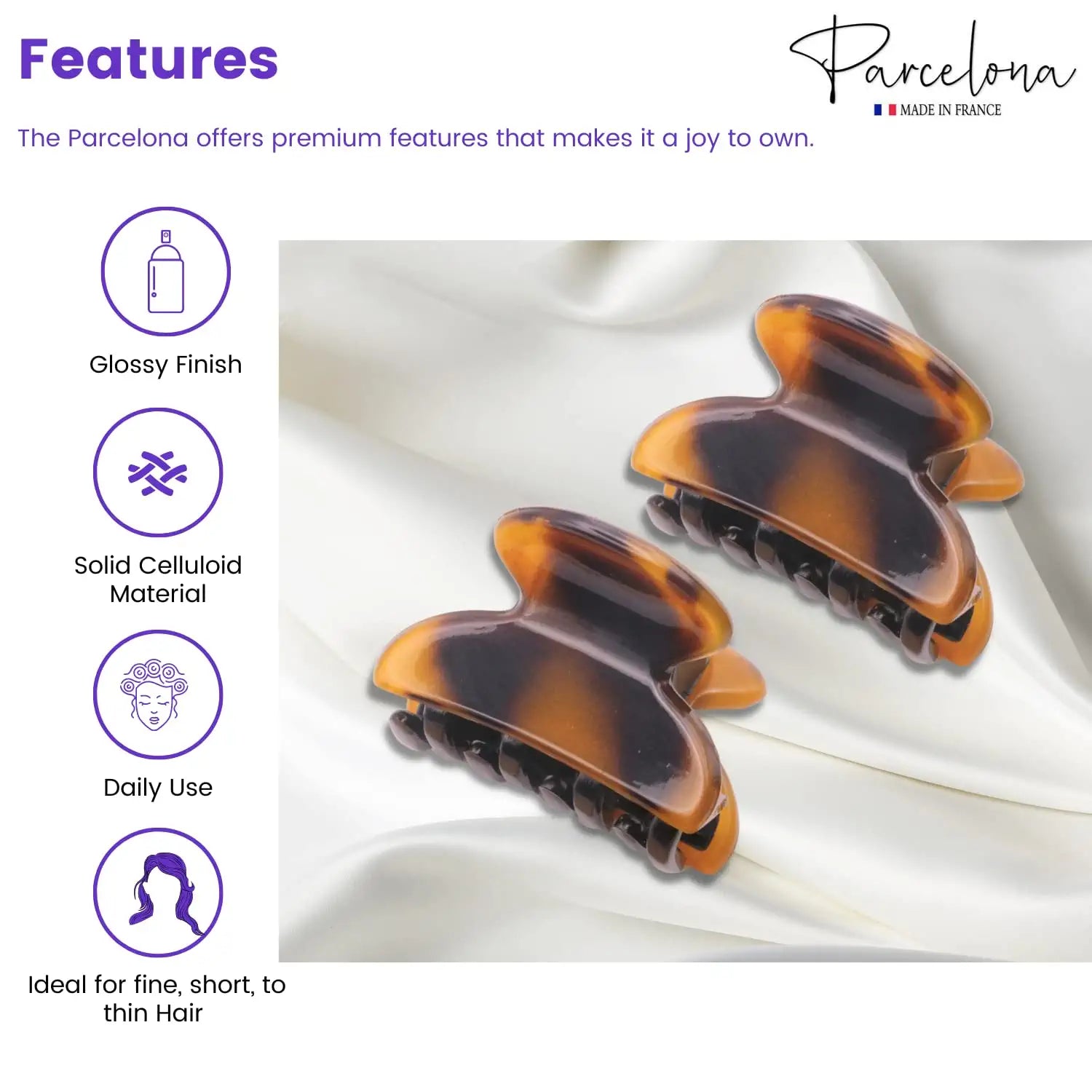 Parcelona French Glossy Oval Very Small 1.25" Cellulose Hair Claws Set of 2