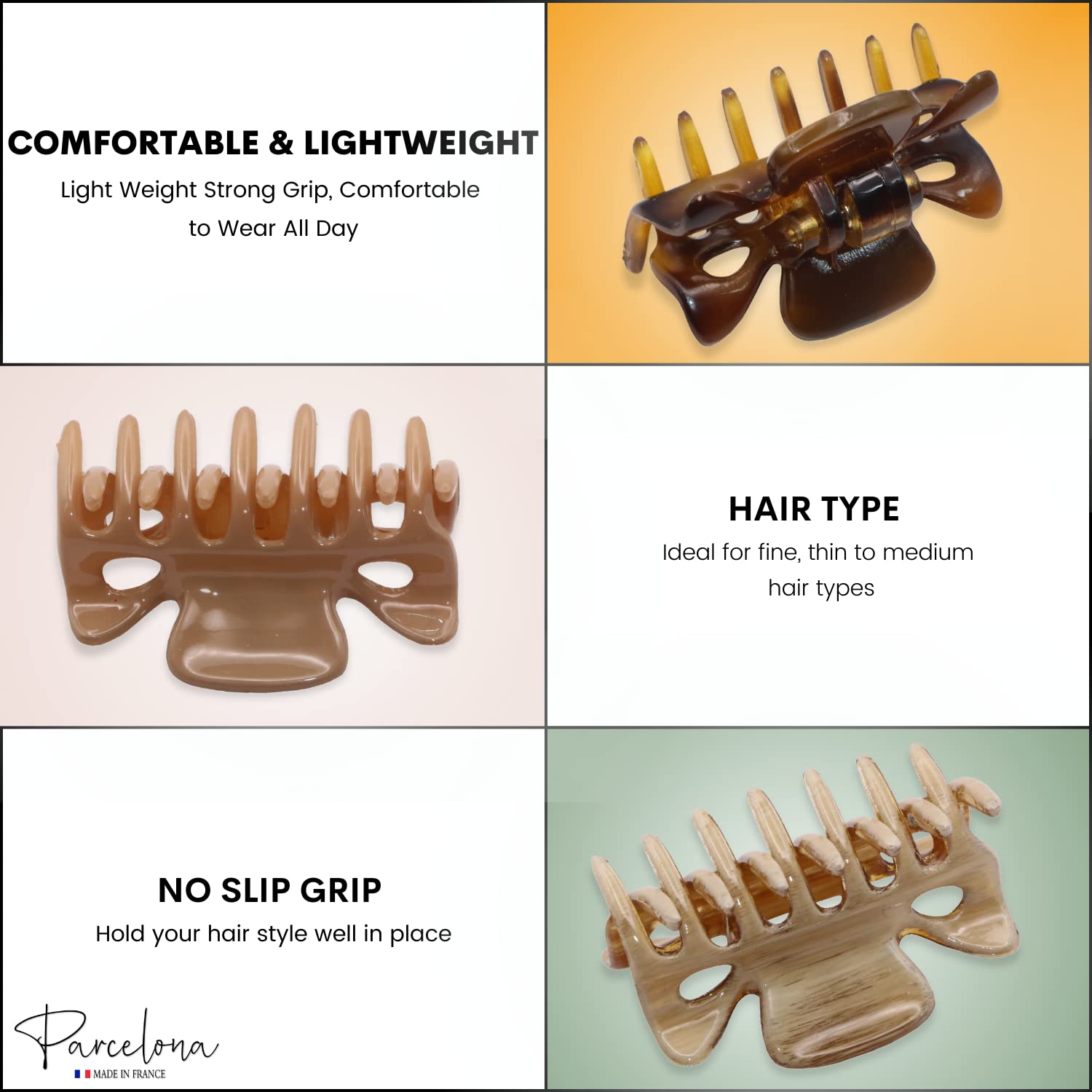 Parcelona French Classic 1.5" Small Celluloid Set of 3 Hair Claws for Women