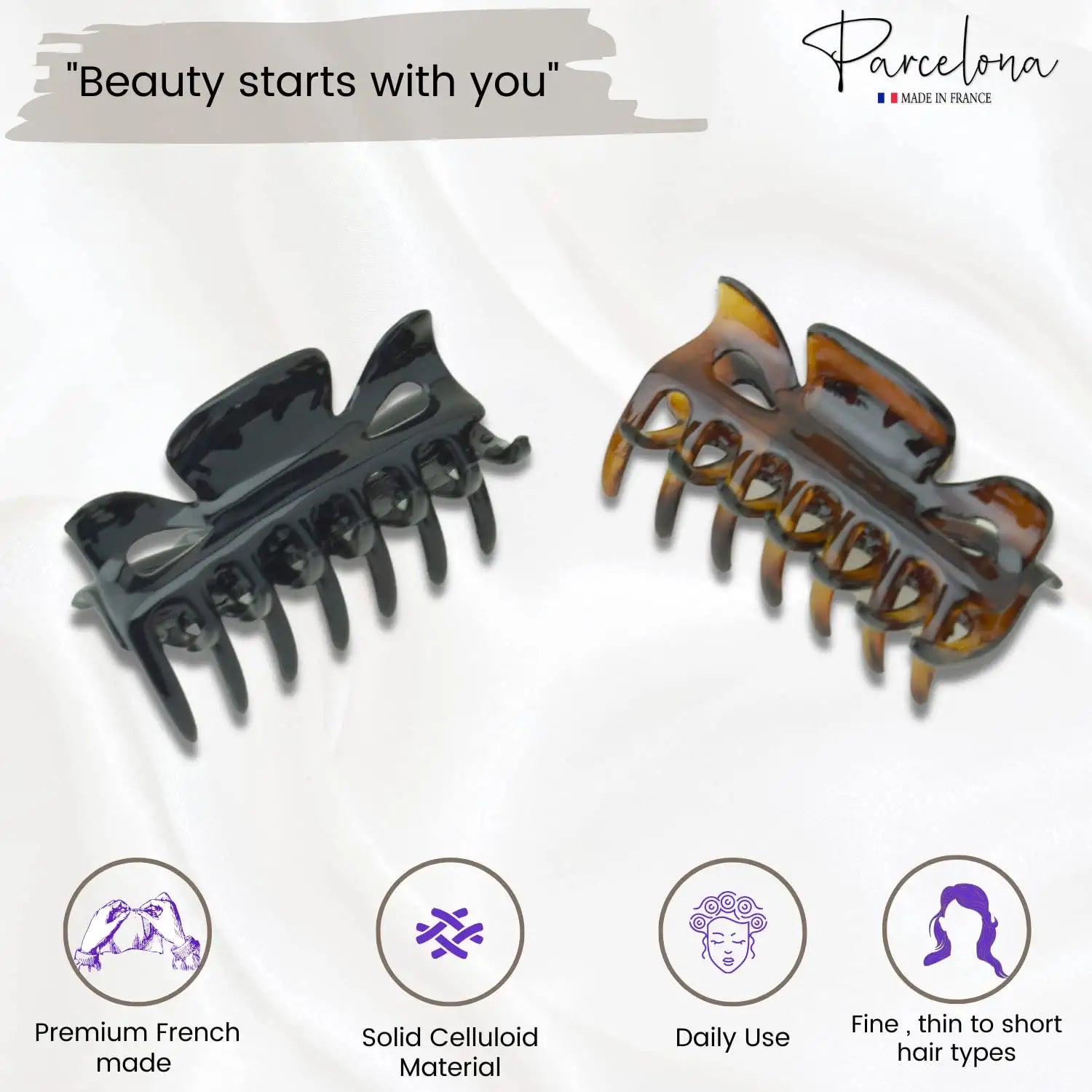Parcelona French Classic Small 2.5" Celluloid Set of 2 Jaw Hair Claws for Women