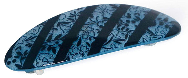 French Amie Oval Striped Flower Blue Handmade Strong Grip Hair Clip Barrette