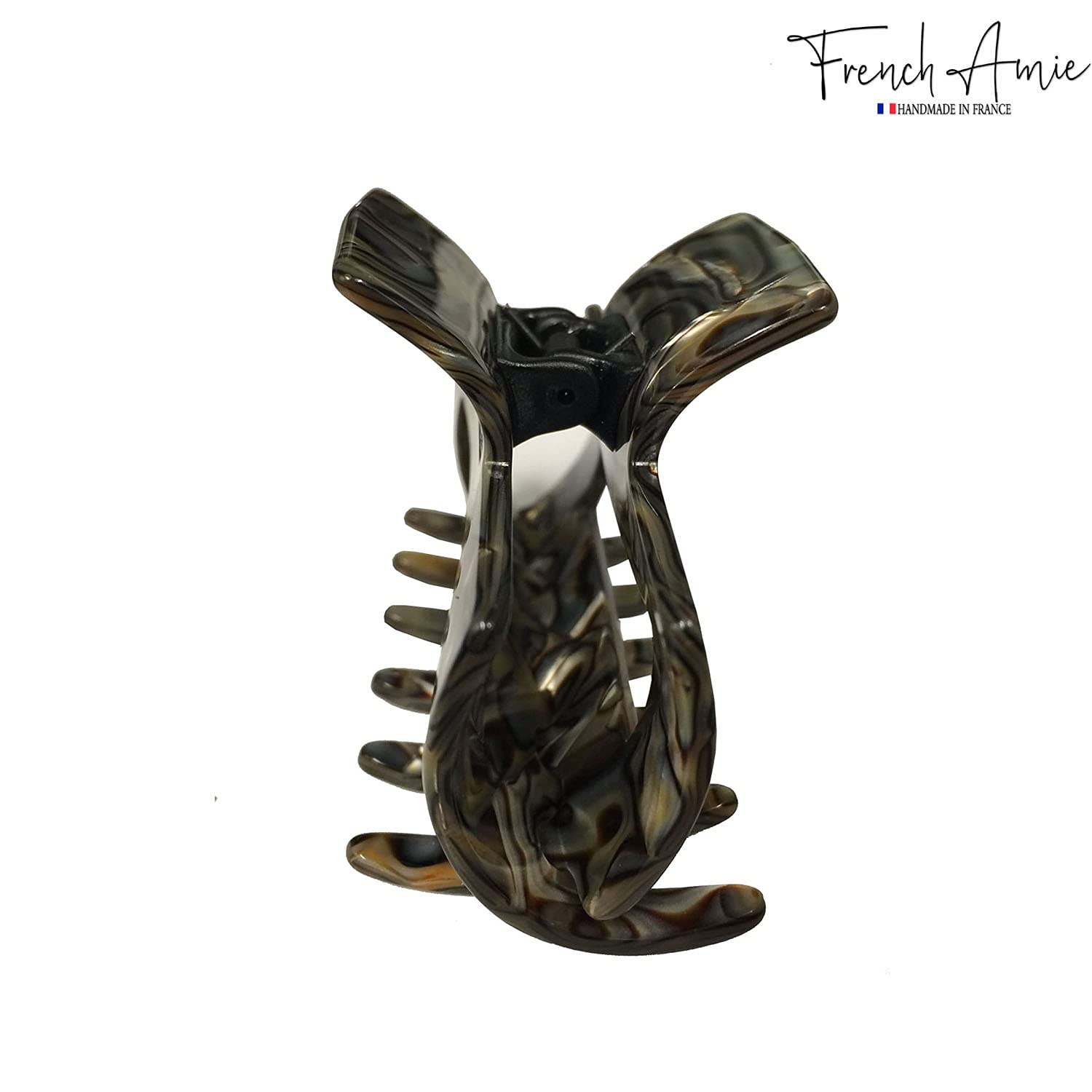 French Amie Geo Medium Onyx Silver Grey Handmade Cellulose Hair Claw Clip Clamp