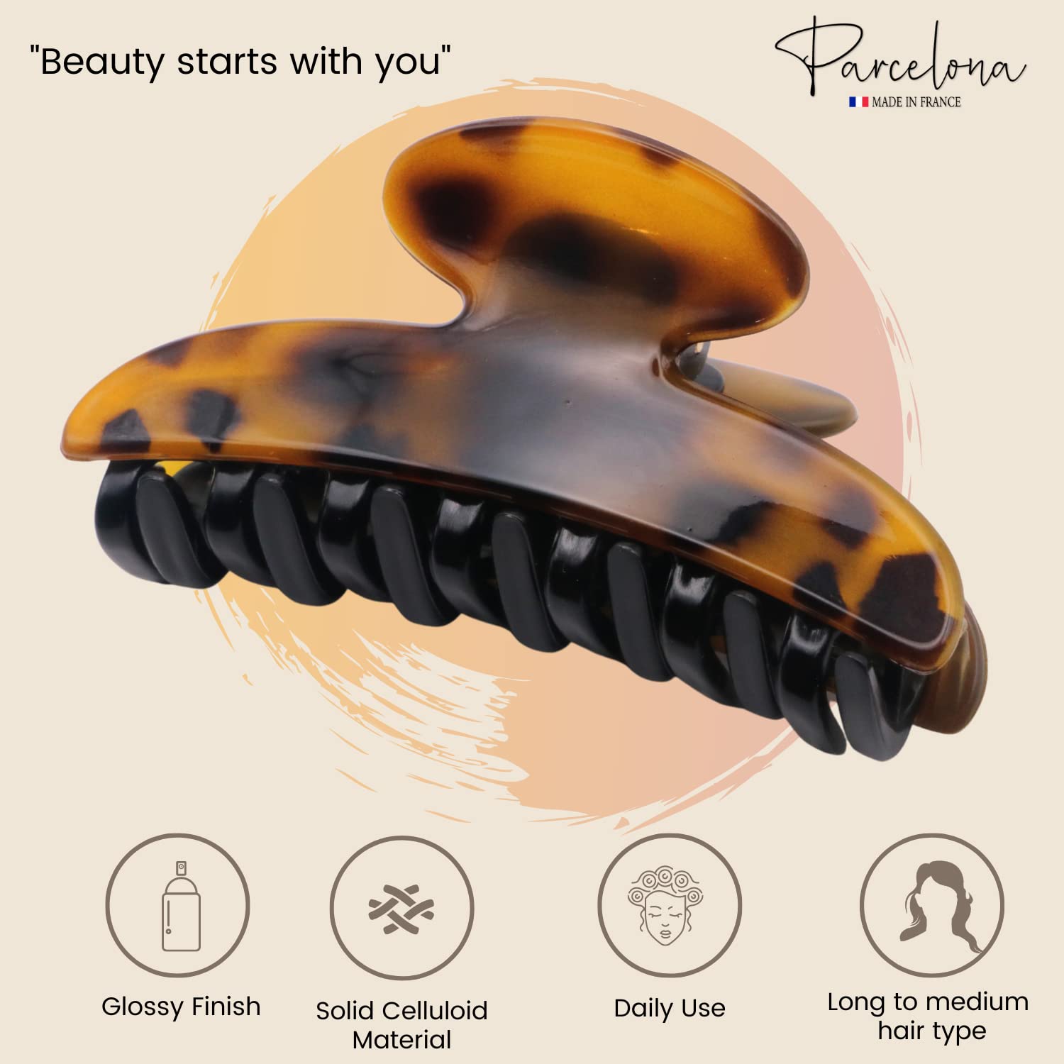 Parcelona French Glossy Oval Medium 3.5" Cellulose No Slip Hair Claw for Women