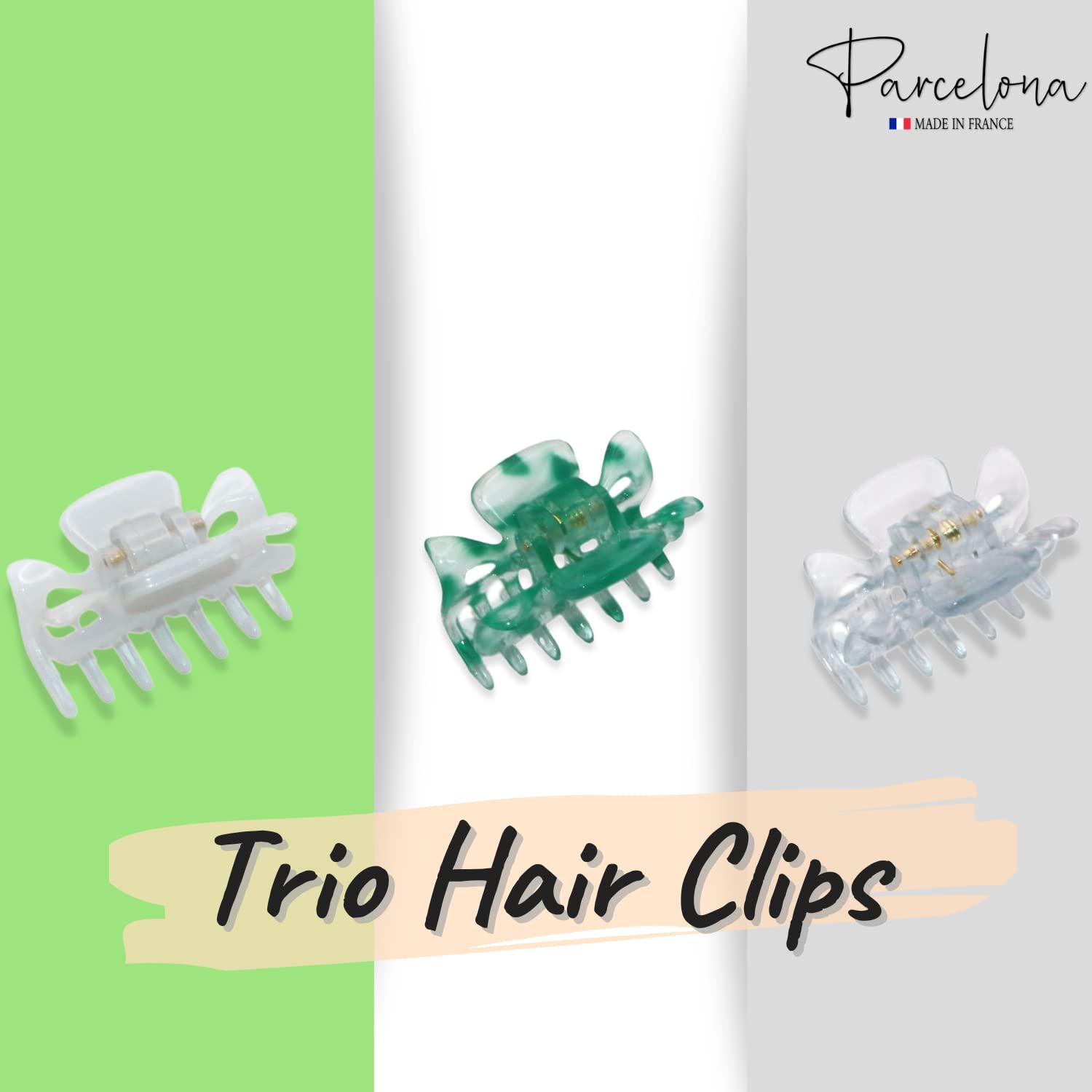 Parcelona French Classic 1.5" Small Celluloid Set of 3 Hair Claws for Women