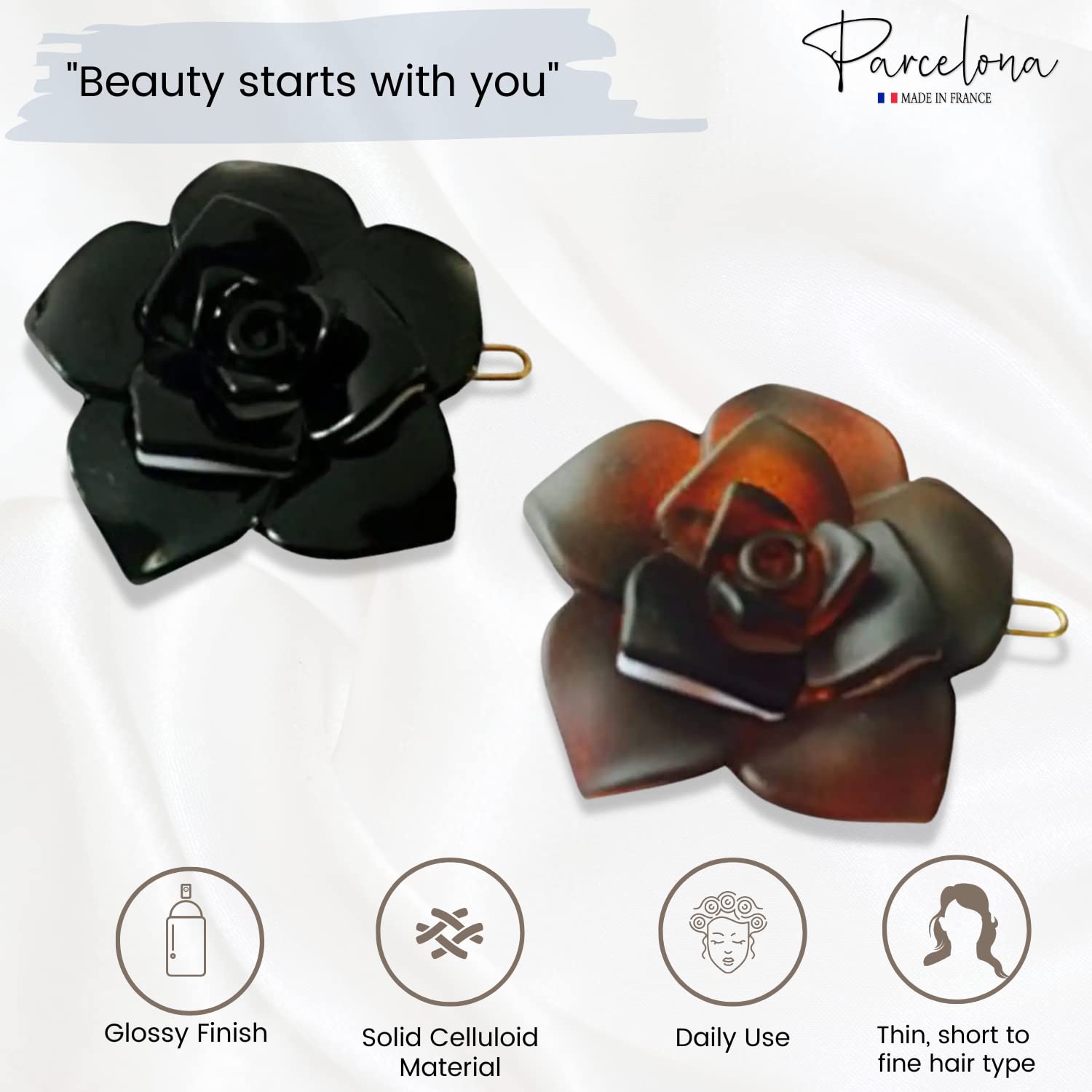 Parcelona French Flower Small 1.5" Cellulose Side Slide Snap Barrettes for Women