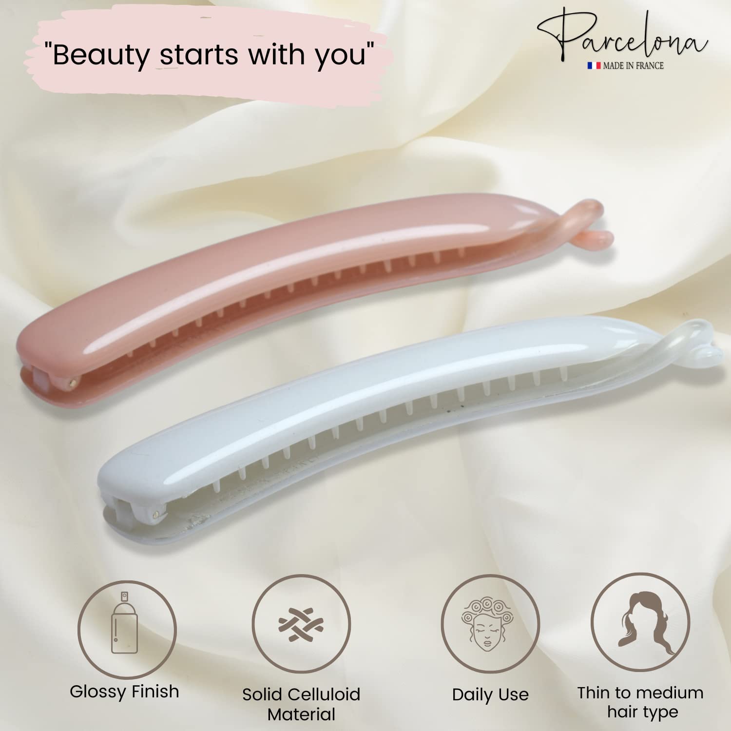 Parcelona French Small 3.75” Cellulose Set of 2 Banana Hair Clips for Women