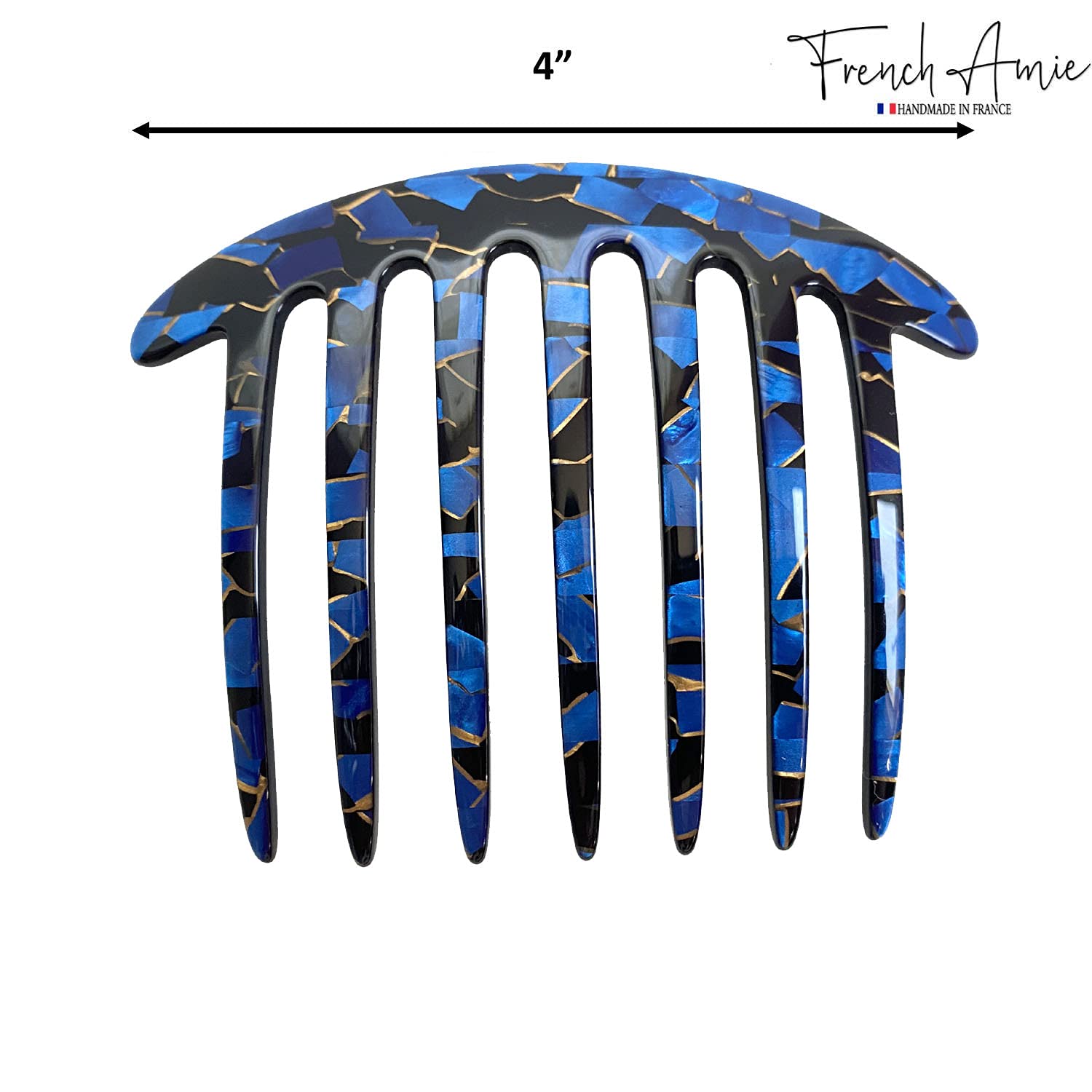 French Amie 7 Teeth Blue and Black Mosaic Handmade Side Hair Comb for Women