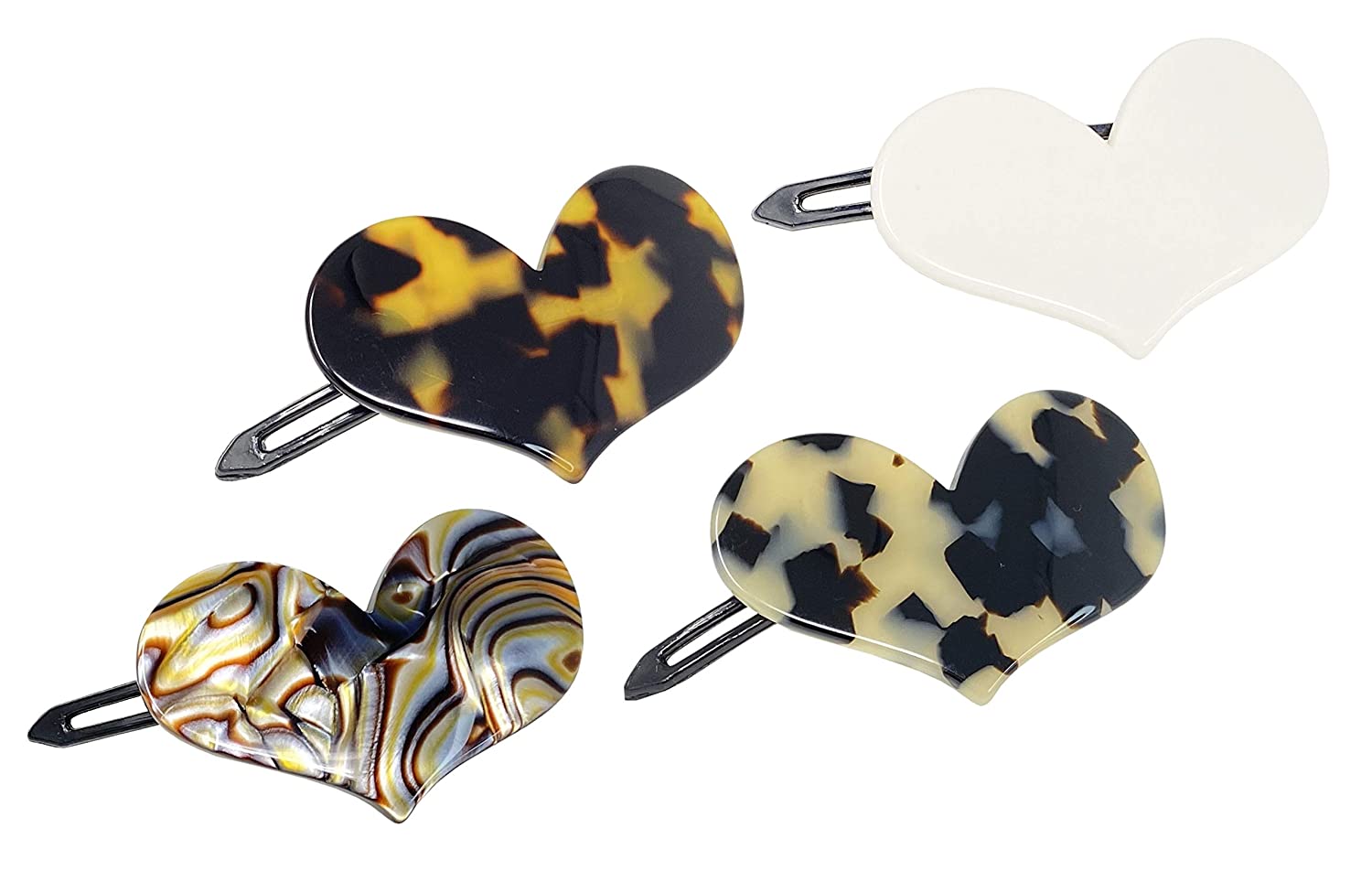 French Amie Cupid Hearts Small 2.5” Handmade Celluloid Metal Free Set of 4 Side Slide Snap