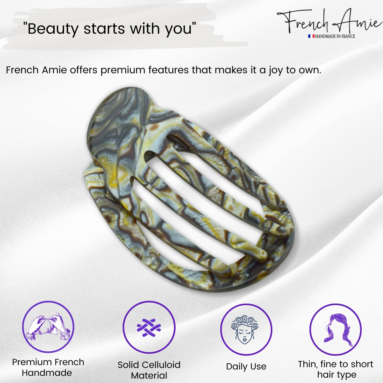 French Amie Oval 3" Small Handmade Side Slide Hair Claw Clip for Fine Hair