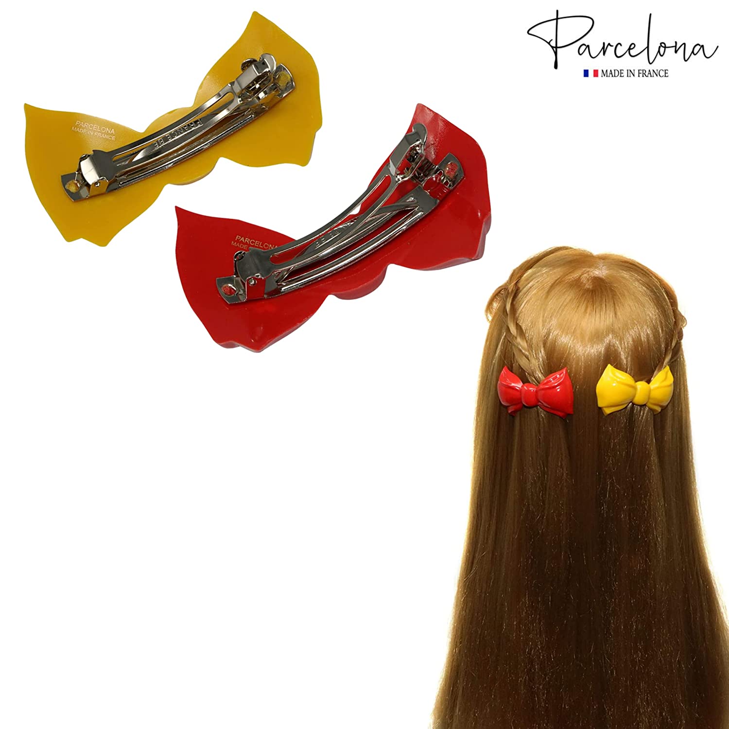 Parcelona French Angel Bow Red and Yellow Small 2” Cellulose Set of 2 Hair Clip