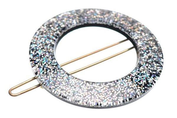 French Amie Magic Circle Glittery Silver Small 1.5” Round Side Barrette