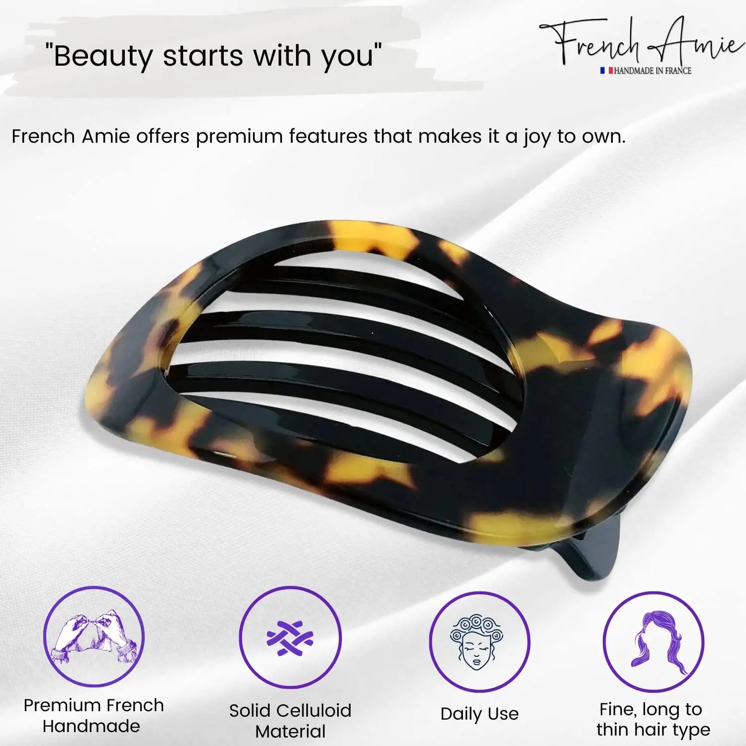 French Amie Oval 3" Small Handmade Side Slide Hair Claw Clip for Fine Hair