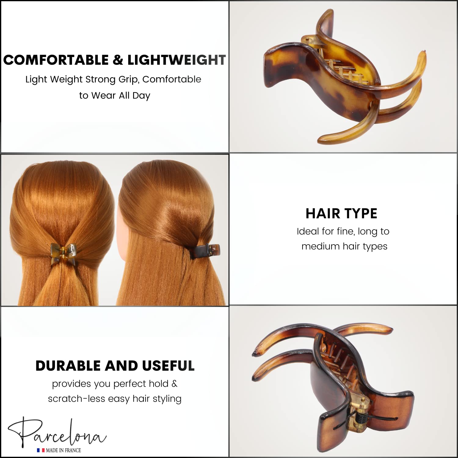 Parcelona French Small 3 Teeth Celluloid Fish Style Hair Claws for Women(2 Pcs)