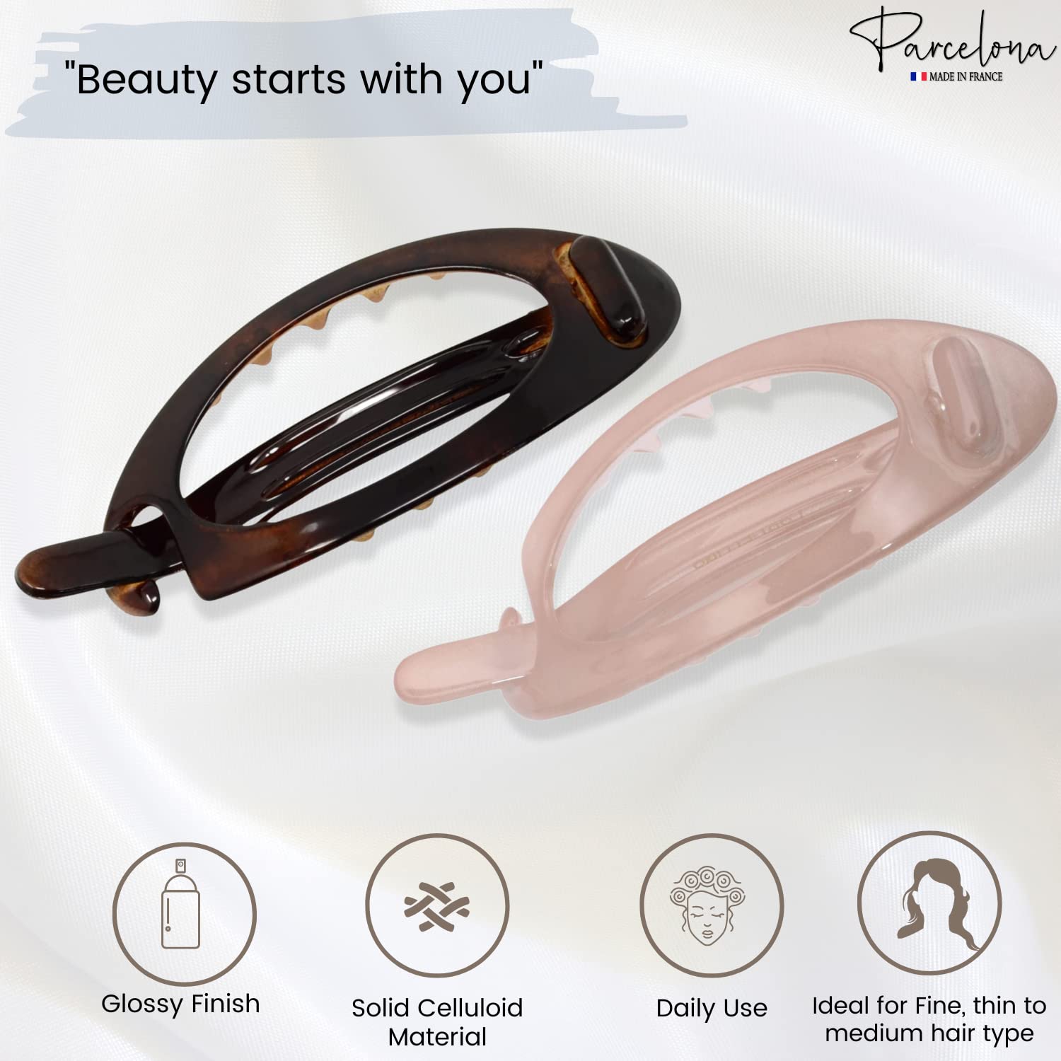Parcelona French Plain Oval Small Cellulose Set of 2 Metal Free Hair Barrettes