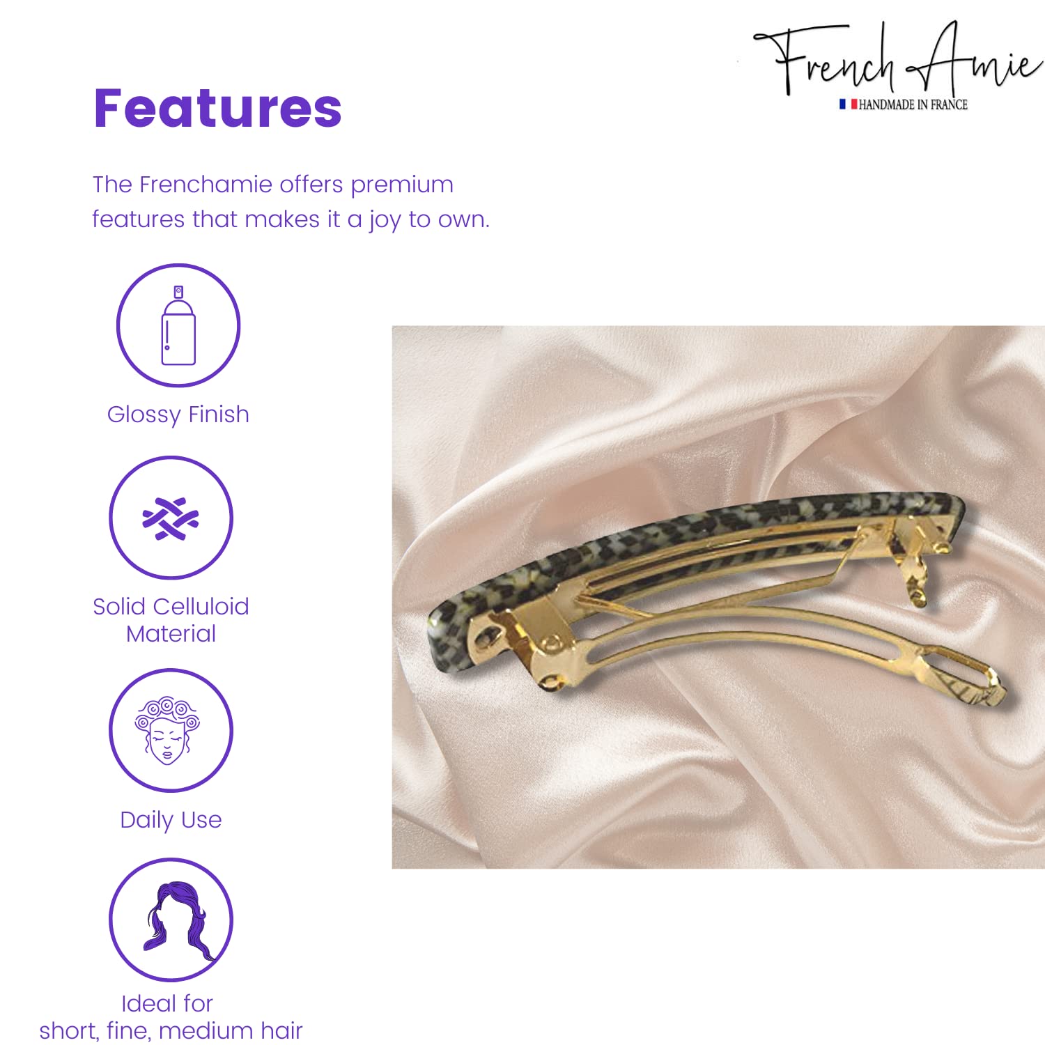 French Amie Small 2 1/4" Cellulose Handmade Hair Barrette for Women and Girls