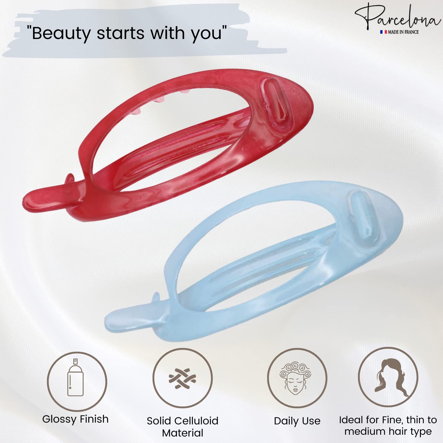 Parcelona French Plain Oval Small Cellulose Set of 2 Metal Free Hair Barrettes