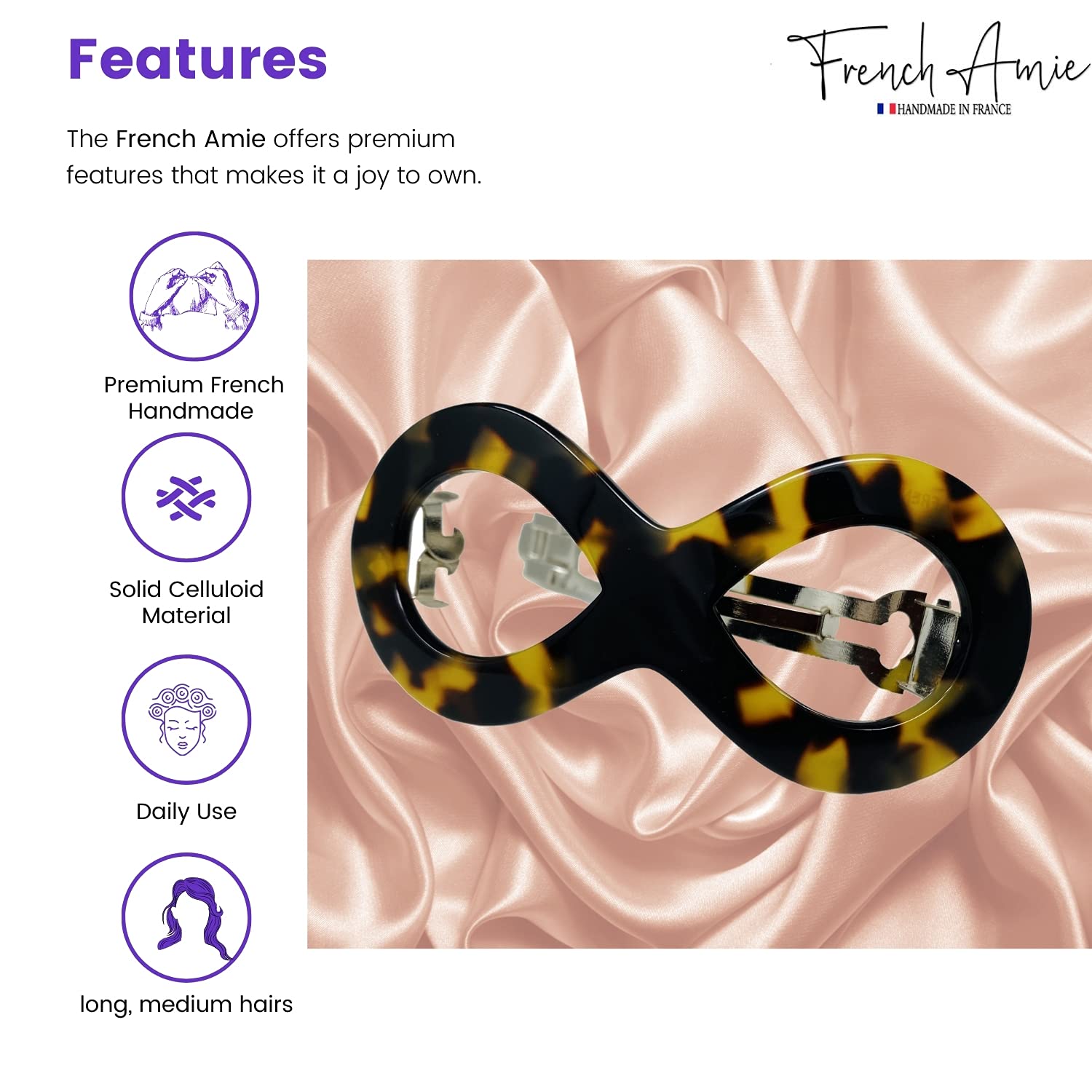 French Amie Infinity Loop 3” Celluloid Handmade Automatic Hair Barrette