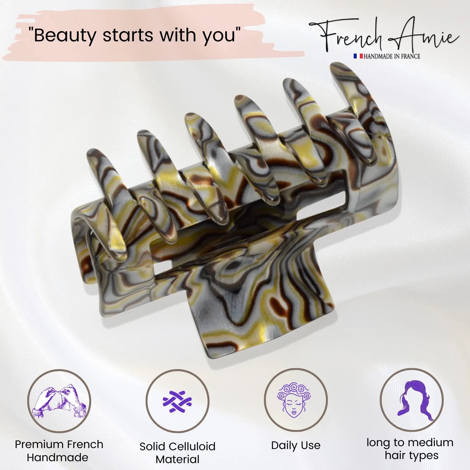 French Amie Geo Medium 3 1/4" Cellulose Acetate Handmade Jaw Hair Claw Clip Women