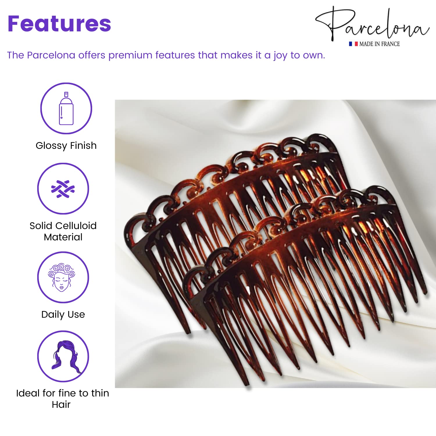 Parcelona French Swirl Savana Small Cellulose Set of 2 Side Hair Combs for Women