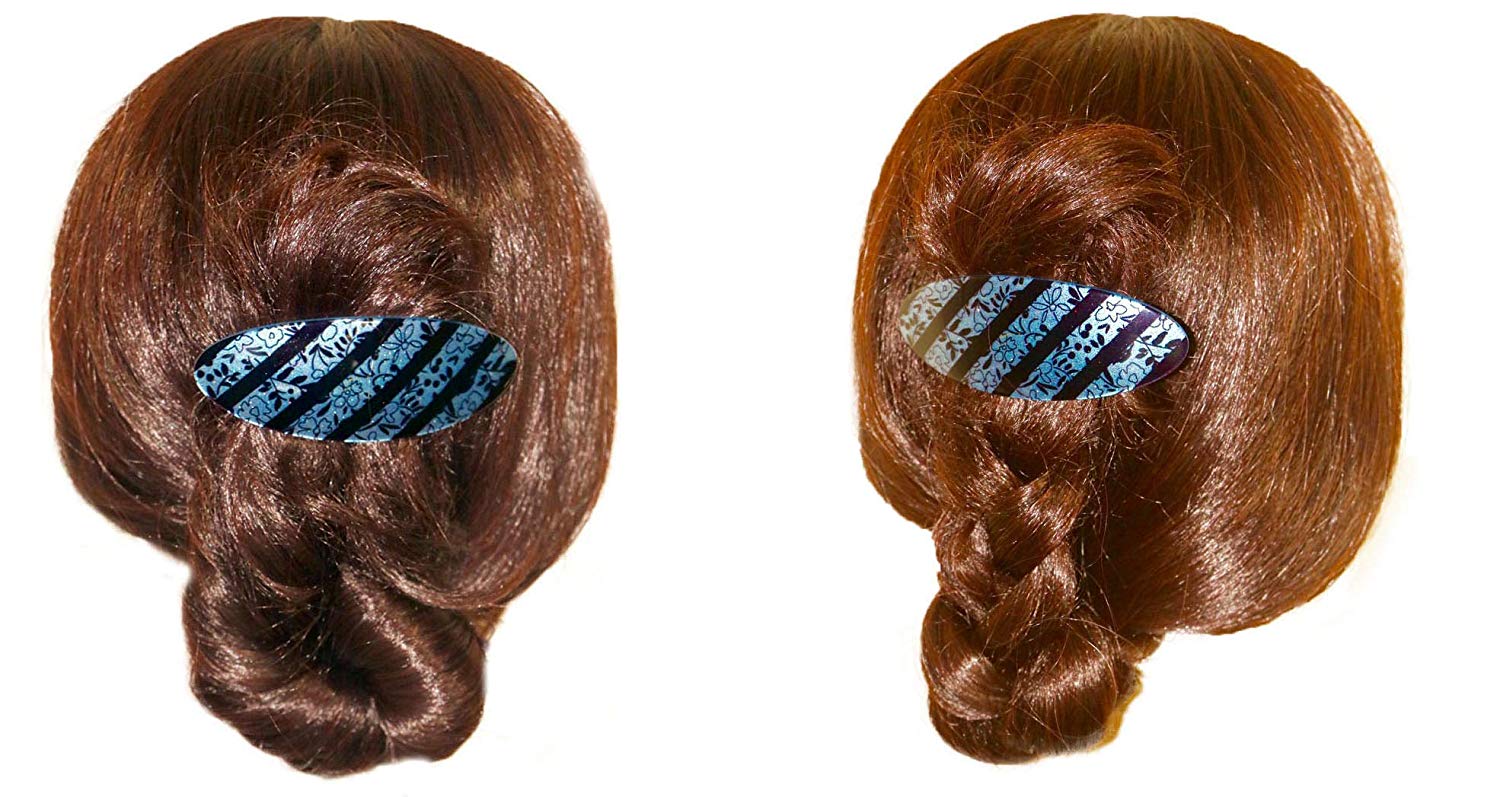 French Amie Oval Striped Flower Blue Handmade Strong Grip Hair Clip Barrette