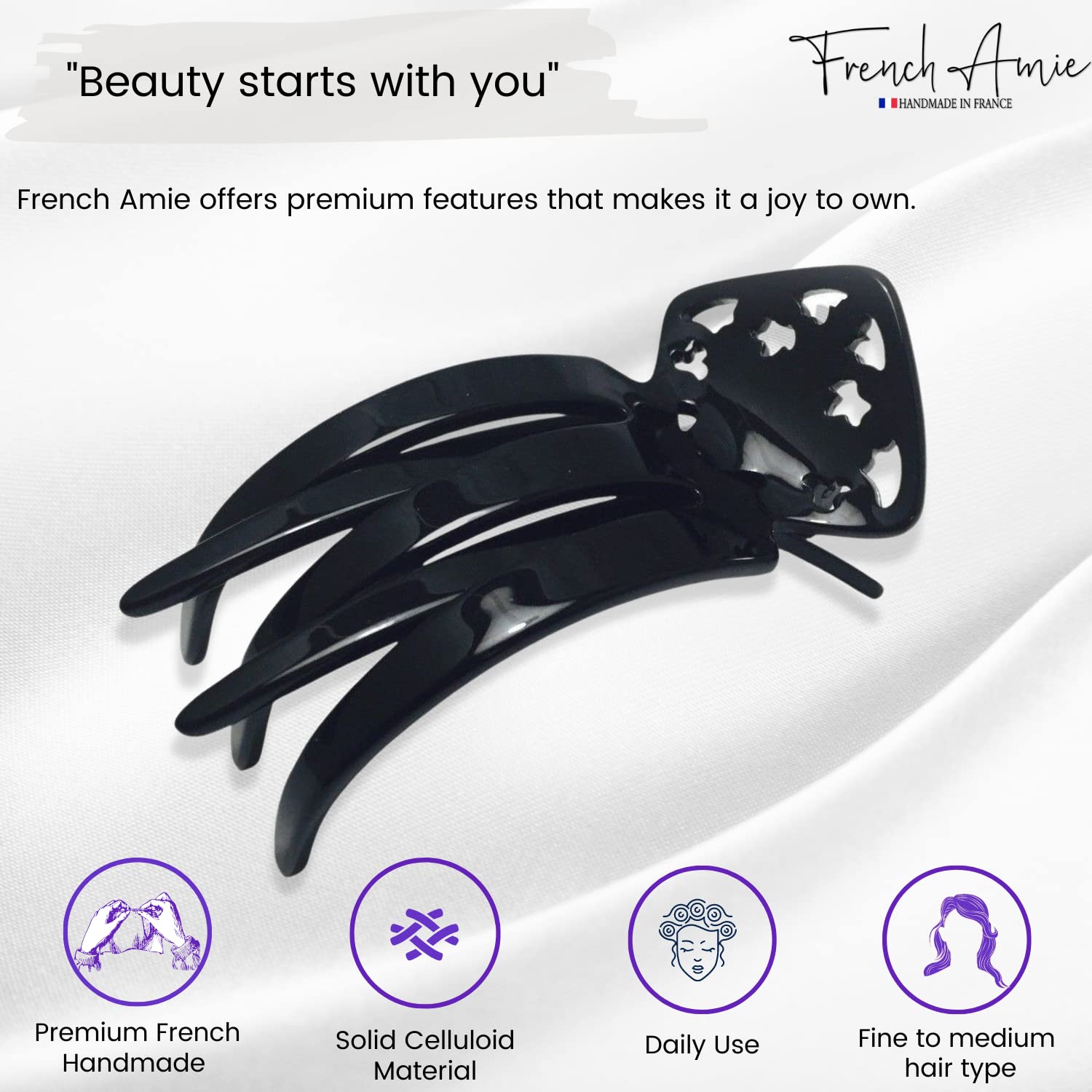 French Amie Medium 3" Handmade Cellulose Side Slider Pelican Hair Claw Clip