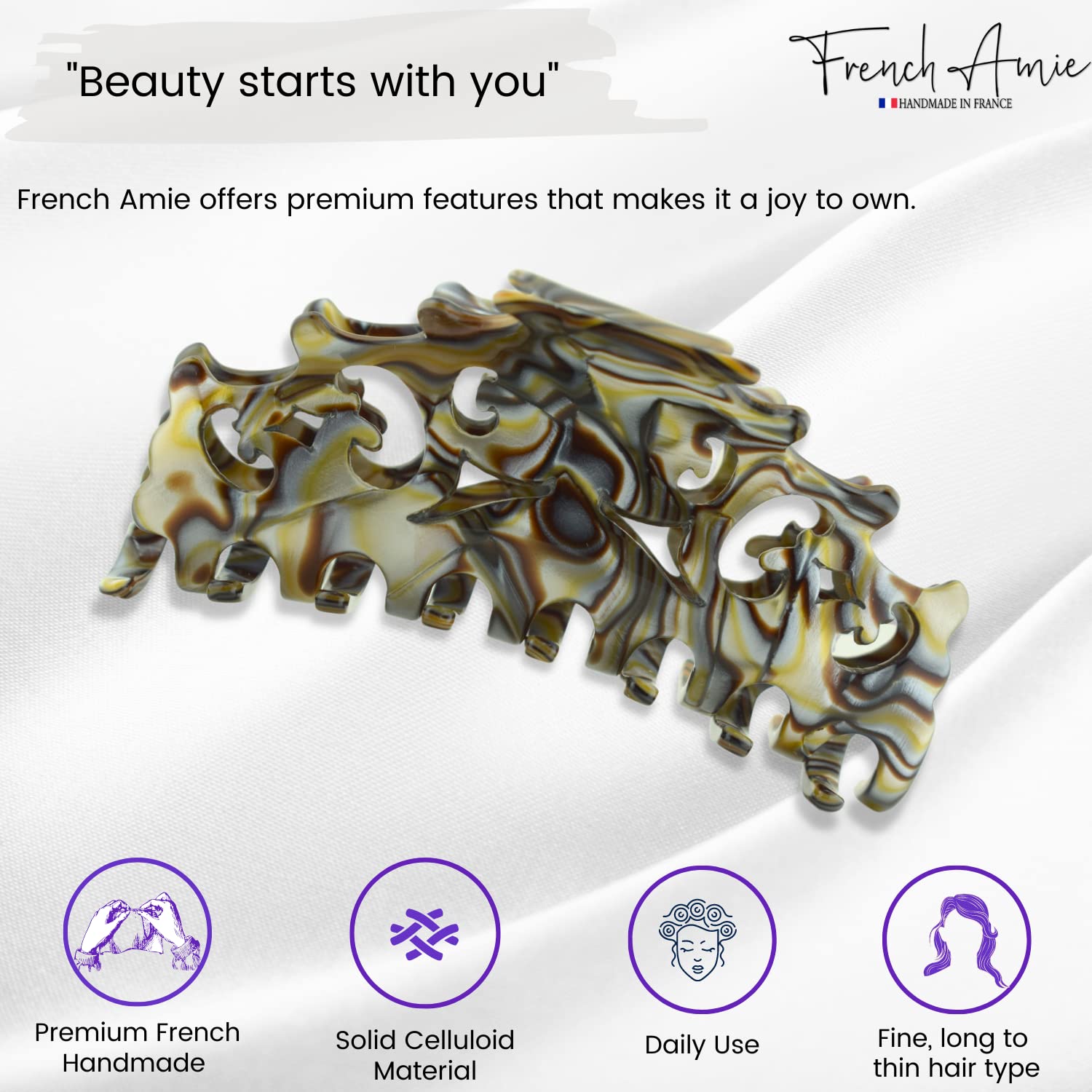 French Amie Beau Medium Handmade Cellulose Jaw Hair Claw for Women and Girls